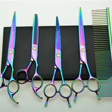 5 шт. набор 7 ''19,5 см красочные Профессиональные Парикмахерские ножницы и расческа+ ножницы для резки+ Истончение+ вверх/вниз изогнутые ножницы Z3002C