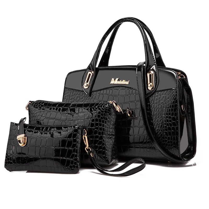 3 шт. SetsTop ручные сумки для женщин лакированная крокодиловая женская сумка на плечо женская сумка женские кожаные сумки Bolsa Feminina - Цвет: Черный