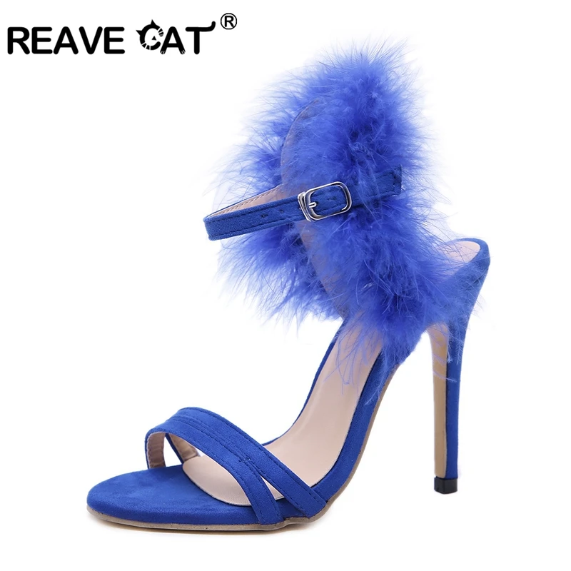 REAVE CAT Woman High heels Ladies sandals Furry Sexy Night club Flock