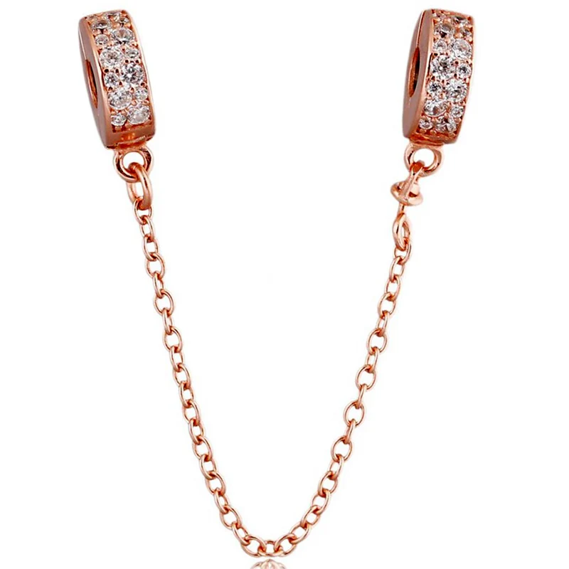 

New Rose Gold Shining Elegance With Crystal Safety Chain Bead Fit Pandora Bracelet Diy Jewelry 925 Sterling Silver Bead Charm
