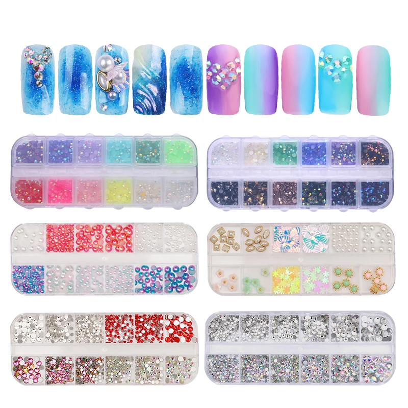 

1 Box AB Color Nail Rhinestone Studs Pearl Colorful Shell Flower Beads Multi-size Manicure DIY Nail Art 3D Decoration