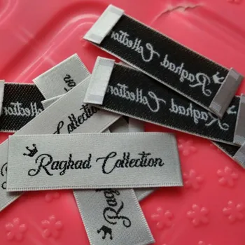 

Custom white satin clothing End fold woven label script letters 60 mm * 20 mm