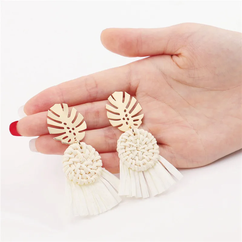

Tropical Palm Leaves Straw Tassel Earrings For Women Rattan Wicker Drop Earring Long Raffia Earrings Handmade DIY Jewelry