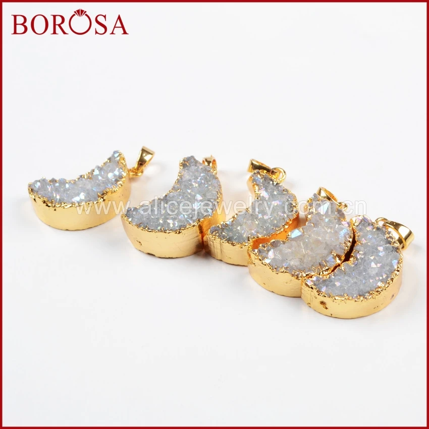 BOROSA 5 шт. золотые цвета в форме Луны Кристалл Друза кулон ожерелья Агаты Drusy AB для