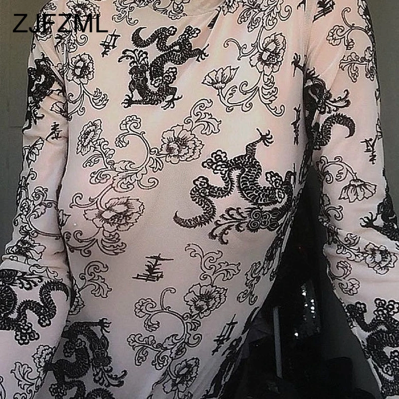 Peony and Dragon Print Transparent Mesh Sexy Bandage Bodysuit Women Long Sleeve High Neck Club Romper Ladies Bodycon Overalls