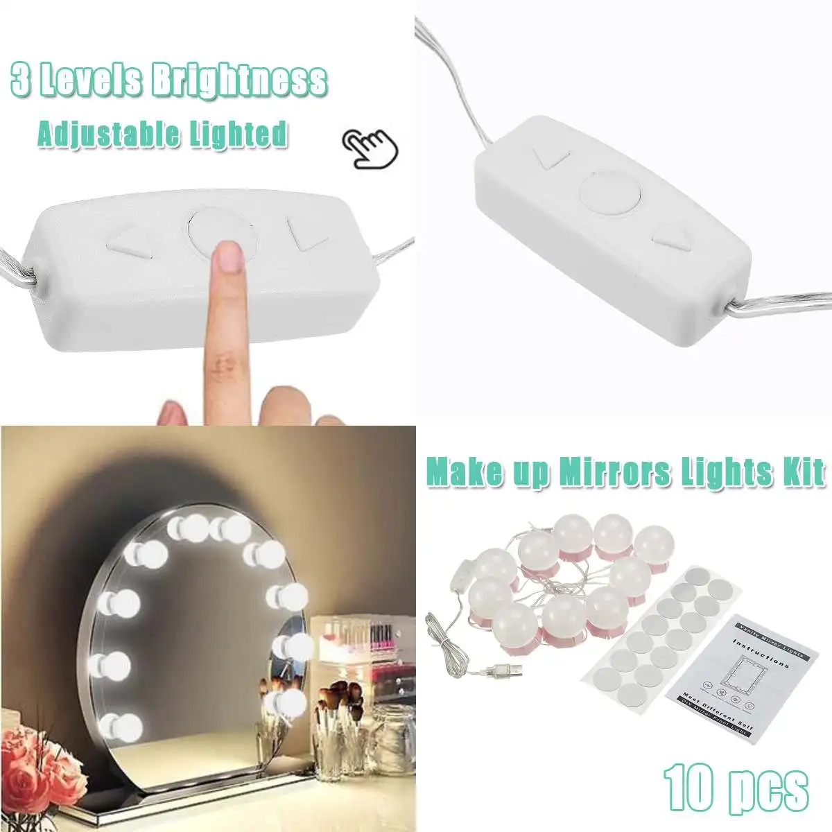 

Makeup Mirror Vanity LED Light Bulbs Kit USB Charging Port Cosmetic Lighted Bulb Adjustable Make up Mirrors Cosmetic Lights