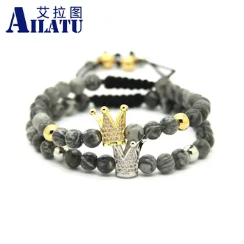 

Ailatu Wholesale New Design Jewelry 6mm Grey Sediment Stone Crown Braided CZ Beads Bracelets