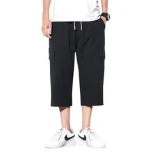 Man Loose Calf-Length Pants Thin Casual Cargo Pants Japan Style Lightweight Breathable Cotton Beach