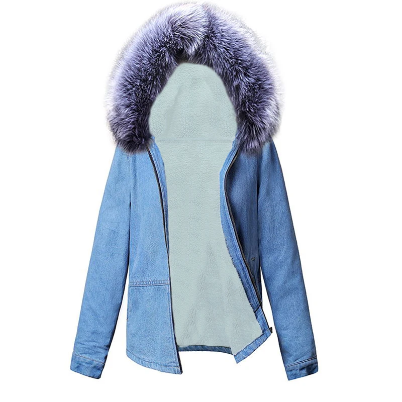 

Autumn Winter Denim Jacket for Women New 2019 Coat lambswool jean Coat Hooded Long Sleeves Warm Jeans Jacket Female Warm Outwear