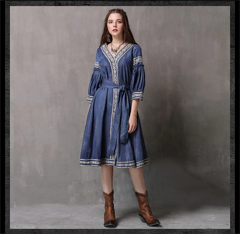 Vintage  V-Neck Summer Sashes Dress 2018 Embroidery New Denim Vestidos A-line Half Sleeve Belted Women Dresses Vestido Female (7)