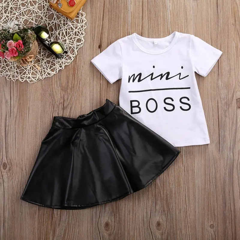 

2PCS Toddler Kids Girl Clothes Set 2017 New Summer Short Sleeve Mini Pattern Printed "Boss" T-shirt Tops + Leather Skirt Outfit