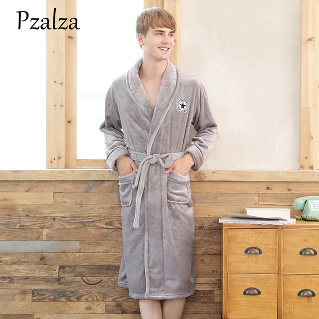 Long Winter Sleeping Robe For Men Soft Flannel Warm Robe Bathrobe Men