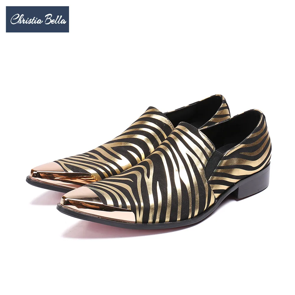 Christia Bella Fashion Gold Striped Men Genuine Leather Shoes Party