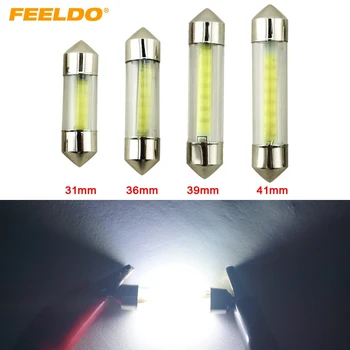 

FEELDO 2Pcs White Car Interior Glass Lens Case C5W Festoon Dome COB 12 Chips LED Light 31/36/39/41mm Reading Light DC12V