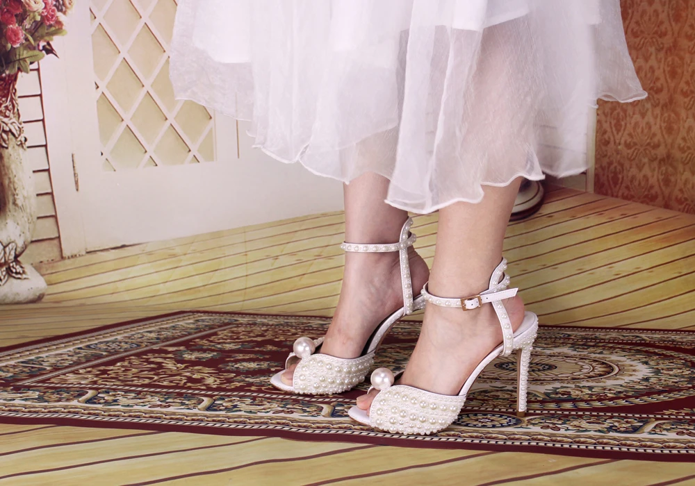 Sale High-end Customized Pearl Decor High Heel sandals Dress Wedding Women Shoes Peep Toe Stiletto Bride Sandals 10