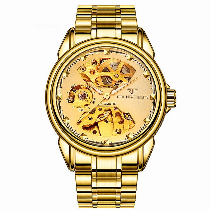 

FNGEEN Gold Men Watch Stainless Steel Mechanical Clock Male Waterproof Automatic Winder Hours Luxury Man Wrist Watches XF1289