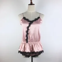 Сексуальные женские кружева шелковой атласной пижамы наборы дизайн укороченные штаны пижамные комплекты v-образным вырезом Подтяжки пижамные комплекты
