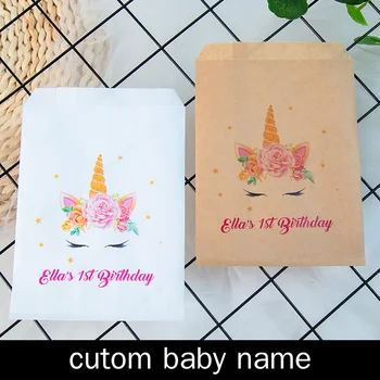

Personalised Baby Name & Unicorn Popcorn Candy Buffet Cookie Desserts Treat Bags Customized Girl's Birthday Party Favors