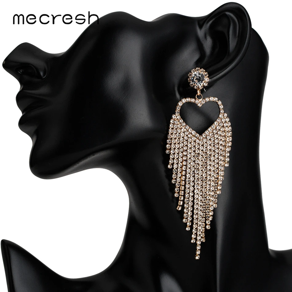 Mecresh горный хрусталь большой длинный кисточкой серьги для женщин Серебряный цвет элегантное подвесное сердечко серьги Модные ювелирные изделия MEH1602