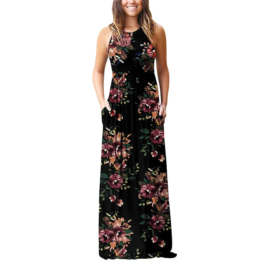 

Summer Womens Sexy Dress Sleeveless Suspender Flower Printed Bohemia Long Dress 2019 Womens Dress Boho Style Print Beach Dresses