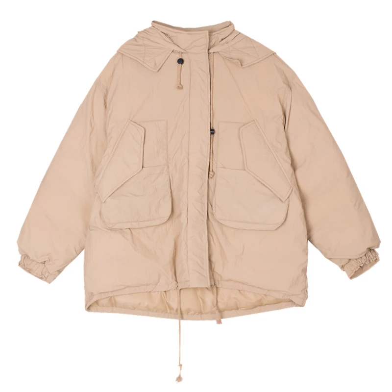Matelassé Poche Pur De Jasmin Couleur Moyenne Éclair Manteaux En Coton Longueur jaune Parkas Noir À Fermeture Femmes Cordon Capuchon 0q7wdg