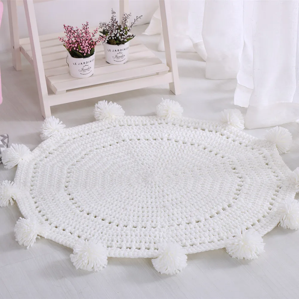 

4 Colors Available Pure White Hollow Hand Woven Carpet Mat European Round Mats Bedroom Decor Kids Room Play Rug Knitting Carpet