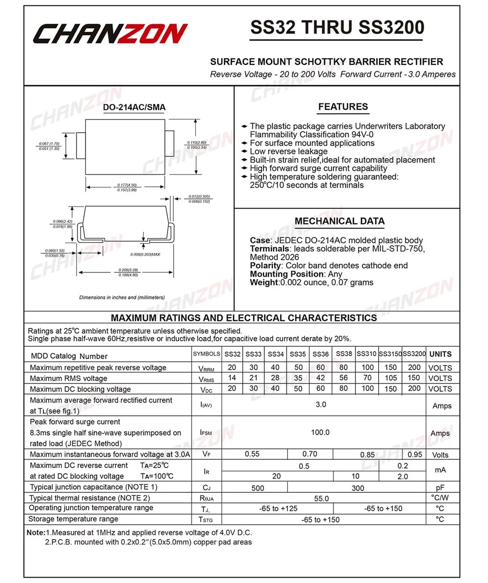100 шт.) SS36 SMD диод с барьером Шоттки Диоды выпрямителя тока 3A 60 V SMA(DO-214AC) 3 Ампер 60 вольт