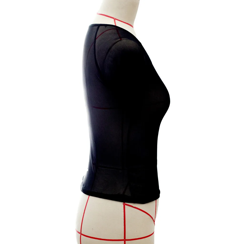 Модные женские с коротким рукавом сексуальный черный из прозрачной ткани сетчатый топ футболки уличная футболка тонкий прозрачный укороченный топ Клубная одежда
