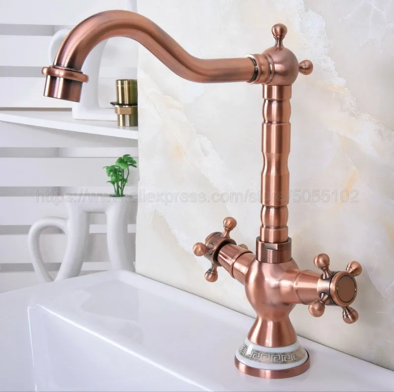 Antique Red Copper Bathroom Sink Faucet Basin Mixer Tap Double Cross Head Handle Hot and Cold Water Mixer Tap znf619
