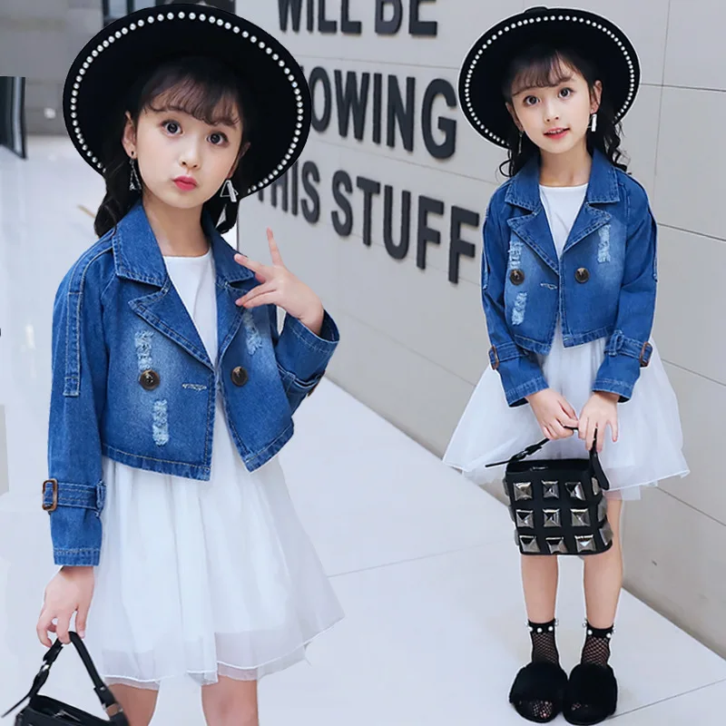 

Autumn Children Clothing Girls White Chiffon Sleeveless Dress Suit Denim Jacket Girls Outfits Boutique Toddler Clothes Sets 2Pcs