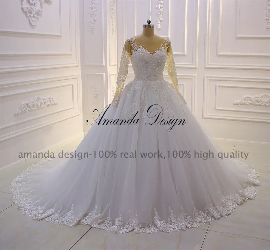Аманда дизайн robe de mariee с длинным рукавом Кружевное с аппликацией из бусин свадебное платье