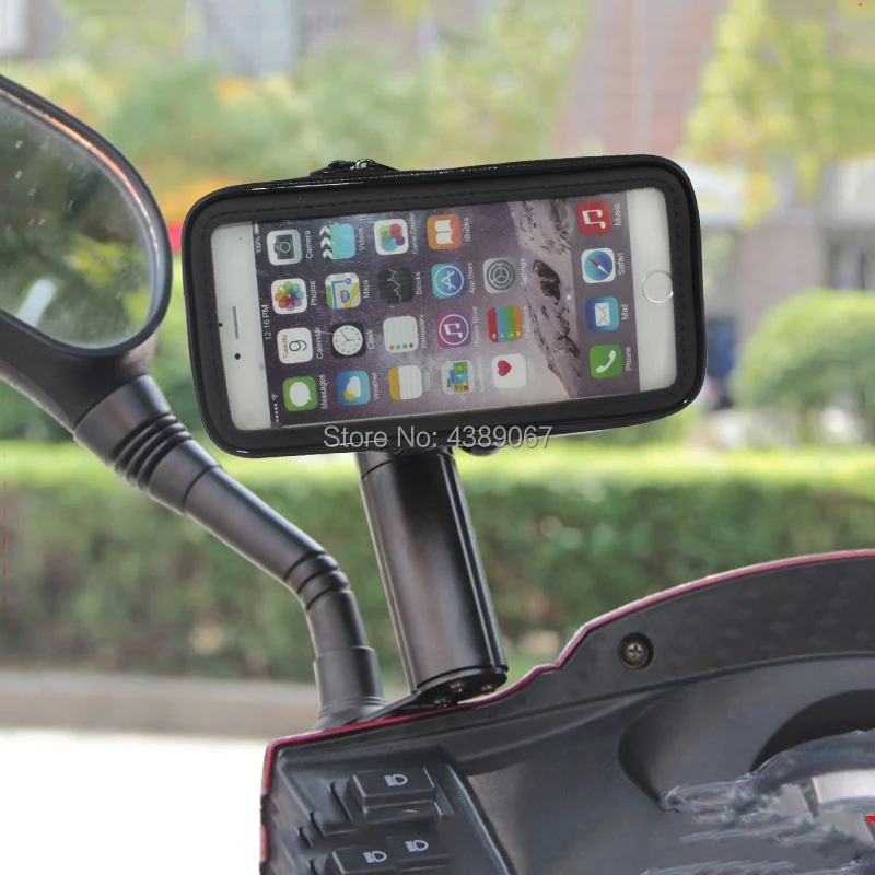 

Motorcycle Scooter Mirror Rear View Mount with Waterproof Zipper Case for Cell Phones