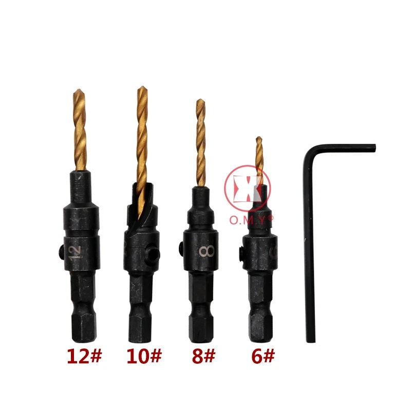 

4PCS 6# 8# 10# 12# 1/4 Hex Quick Change Shank Countersink Tapered Drill Bits Cone Reaming Drill Bit Set Wood Woodworking Tools