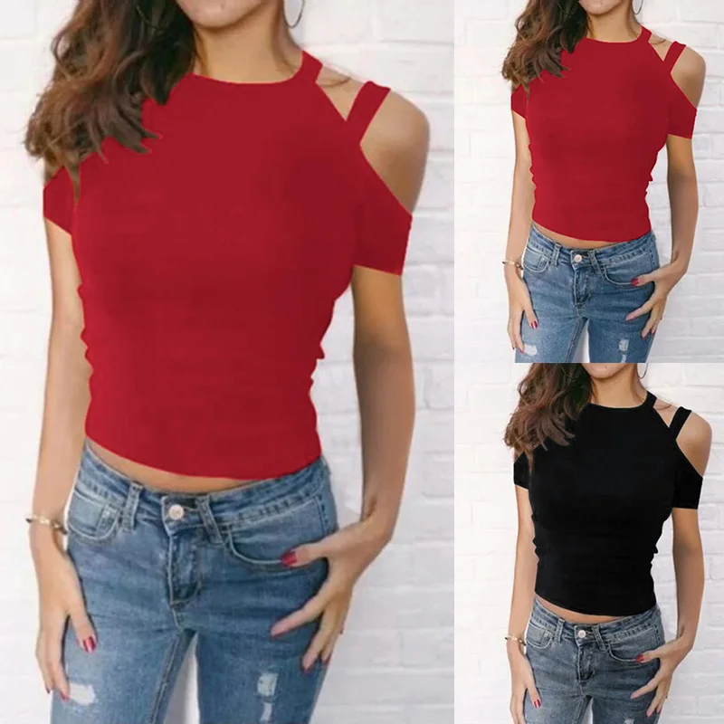 Ladies Summer Cold Off Shoulder Cross Tops 2019 Women's T-Shirt Short Sleeve Knitted Tee Tops Women's Clothes Black Red