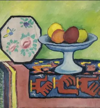 

High quality Oil painting Canvas Reproductions Still life with bowl of apples and Japanese fan By August Macke hand painted