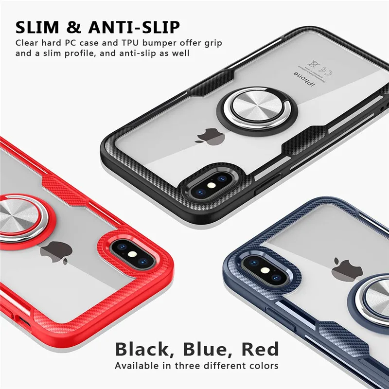 Transparent Crystal Carbon Fiber Armor Cover For iphone x xs max xr 6 7 8 6s Plus 360 Finger Ring Clip Magnetic Car Holder Case