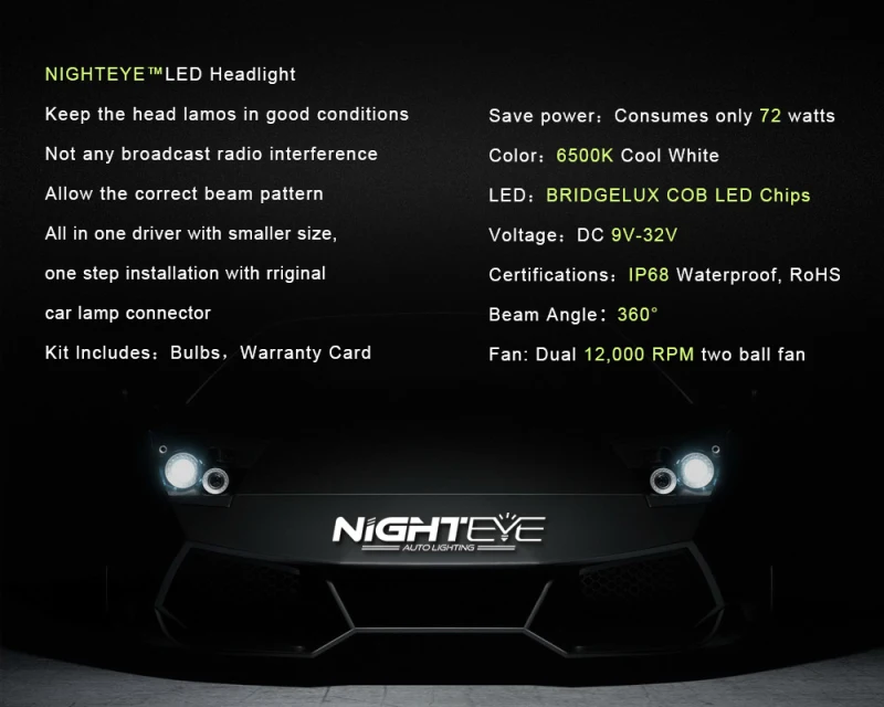 NIGHTEYE Super Bright Car Headlights H7 LED H4 led H1 H8 H11 HB3 9005 HB4 9006 Auto Bulb 72W 9000LM Automobiles Headlamp 6500K