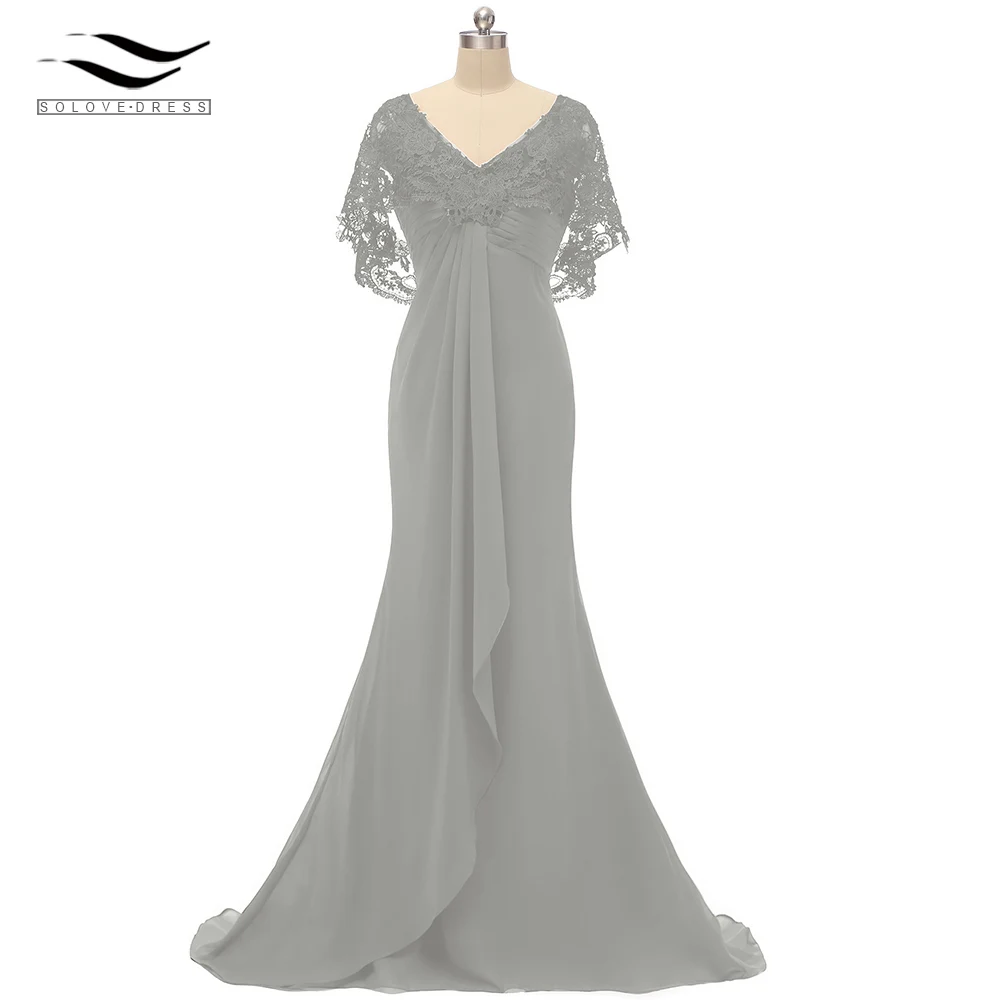 Женское кружевное шифоновое платье в пол с v-образным вырезом на спине, элегантное ТРАПЕЦИЕВИДНОЕ вечернее платье, vestido de festa SLD-S016 - Цвет: Silver Grey