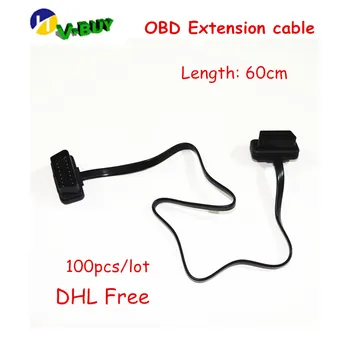 

100pcs/lot DHL Free OBD2 16PIN Connector Adaptor Extension Cable Car Diagnostic Extender Flat thin 16 Pin 60cm Length
