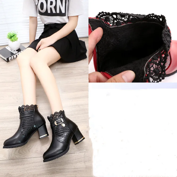 Women's Boots Autumn Winter 2019 Fashion Lace Hollow Out Ladies Shoes Woman Leather Sexy Ankle Boots For Women Size 35-40