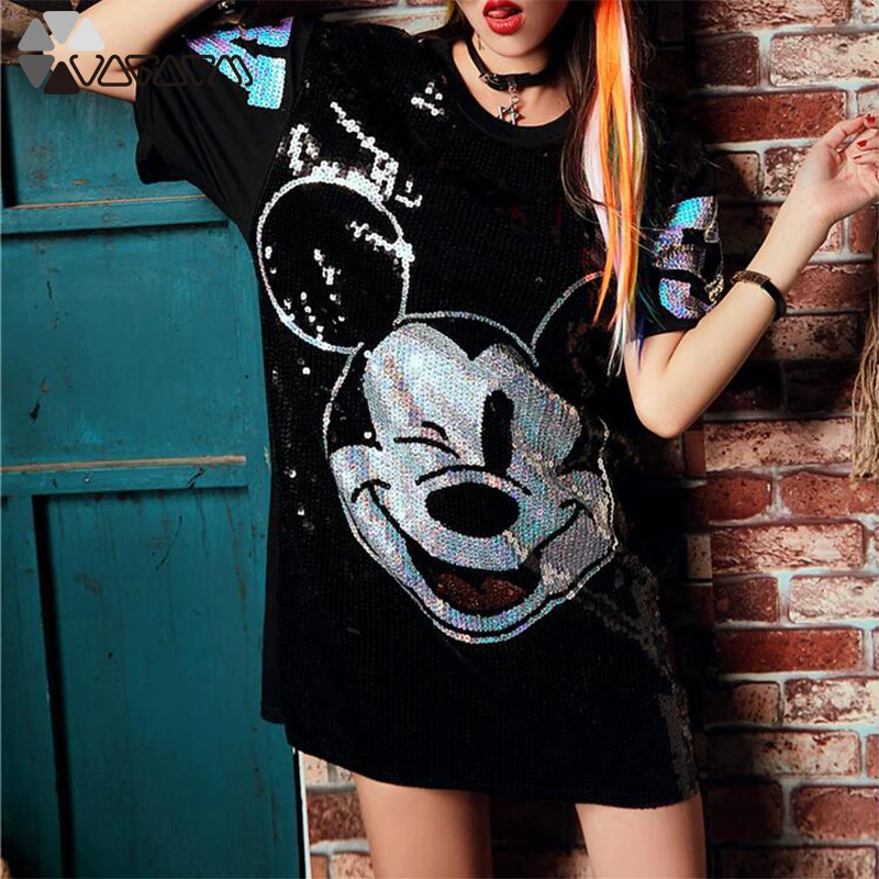 

2019 Women Summer Plus Size Dress Short Sleeve Streetwear Casual Loose O-Neck Minnie Mickey Mouse Sequin Party Club Mini Dresses