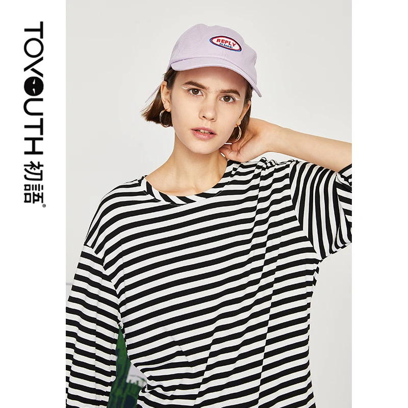 

Toyouth 2019 Women Summer T-Shirt Casual Stripe Print Round Neck Three-Quarter Sleeve Shirt Female Loose Split Cotton Tops