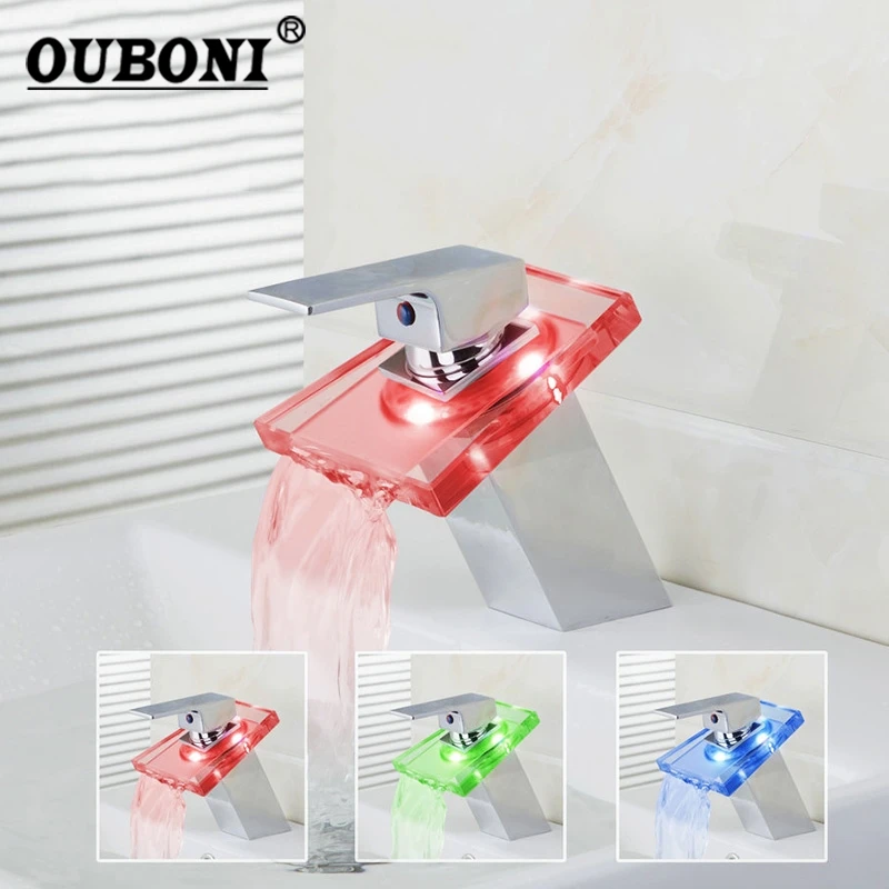 

OUBONI LED Faucet Roman Style Glass Polished Chrome Brass Waterfall Bathroom Basin Faucet Chrome Bathroom Faucet Mixer Taps