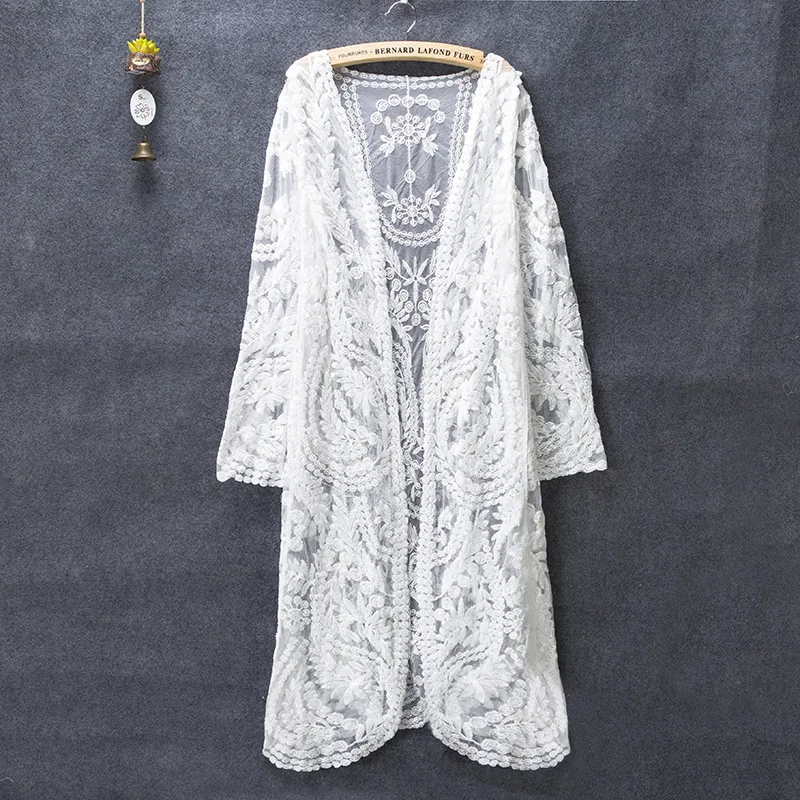 

Long Cardigan Summer Kimono Cardigan Feminino Lace Cardigans Off White Shirt Mesh Embroidery Blouse 2018 Camisa Feminina Korean
