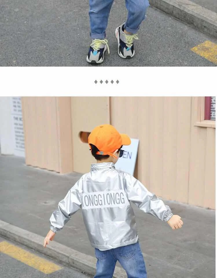 Spring Baby Boy Silver Fashion Jacket New Autumn Children's Glossy High Collar Boys Zipper Jackets Kid Letter Thin Top Coat