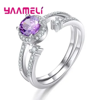 

Purple Cubic zirconia 2 Finger Rings Fashionable 925 Sterling Silver Austrian Crystal For Women Girls Jewelry Present