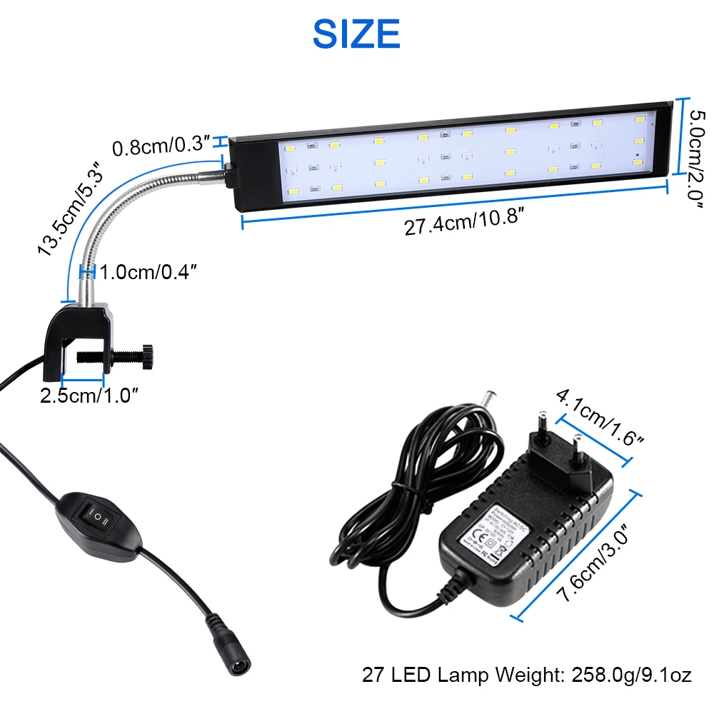 DC 12V Светодиодный светильник для аквариума, лампа для аквариума с гибким зажимом, белый и синий цвет, освещение для аквариума, AC 100~ 240V