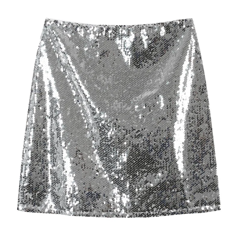 

Spring Summer New Fashion 2019 Women Silver Skirts Sequined Short Skirt High Waist Hidden Zipper Female Outwear Haute Couture