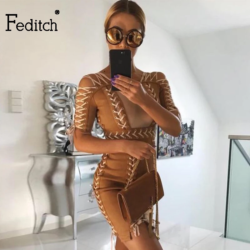 

Feditch Women Bandage Dress Sexy Hollow Out Bodycon Dress Women Zipper Fashion Party Dresses Suede Solid Sleeveless Vestidos