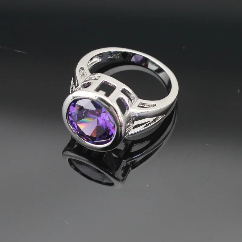 WPAITKYS, женские серебряные Ювелирные наборы, фиолетовый кубический цирконий, ожерелье, кулон, браслеты, серьги, кольца, подарочная коробка - Окраска металла: Ring